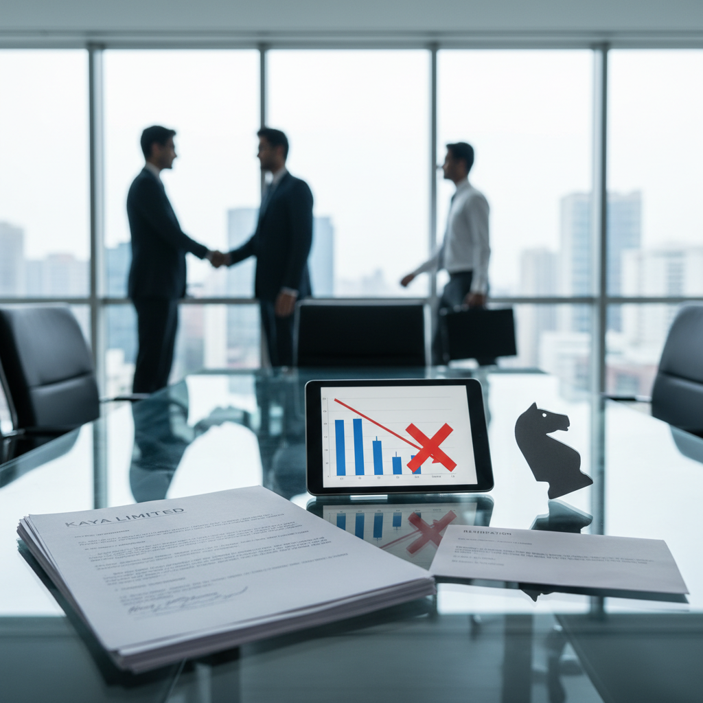 A professional image depicting a boardroom table with documents, a tablet showing a declining graph, and silhouetted executives.