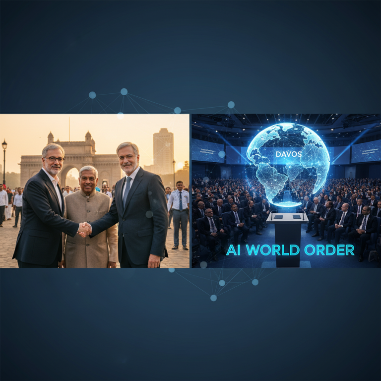 A professional image combining a handshake with an AI Davos event.