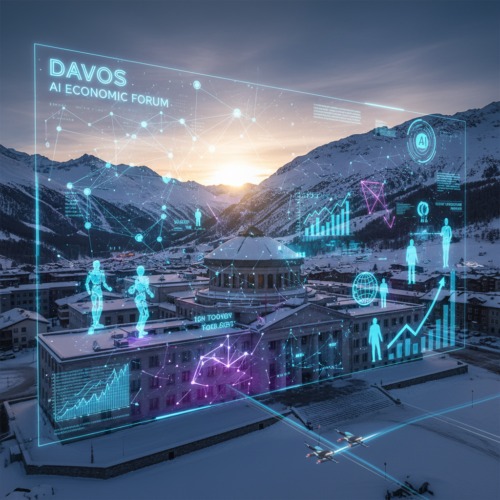 A futuristic overlay of AI analytics and figures on the snowy Davos landscape and Congress Centre at sunset.