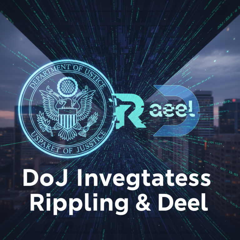 Department of Justice seal with Rippling and Deel logos against a tech background, symbolizing a corporate investigation.