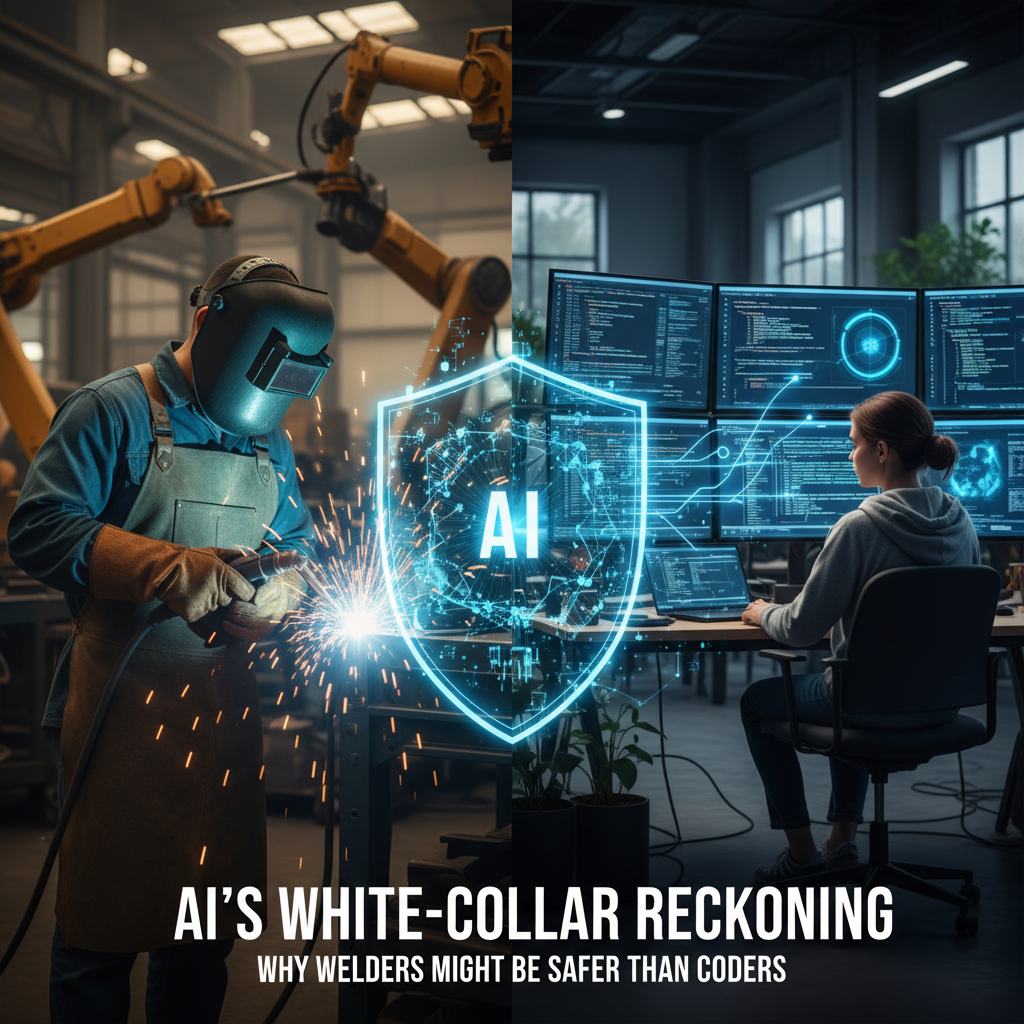 A split image showing a welder in a factory and a coder at a desk, with an AI shield between them.