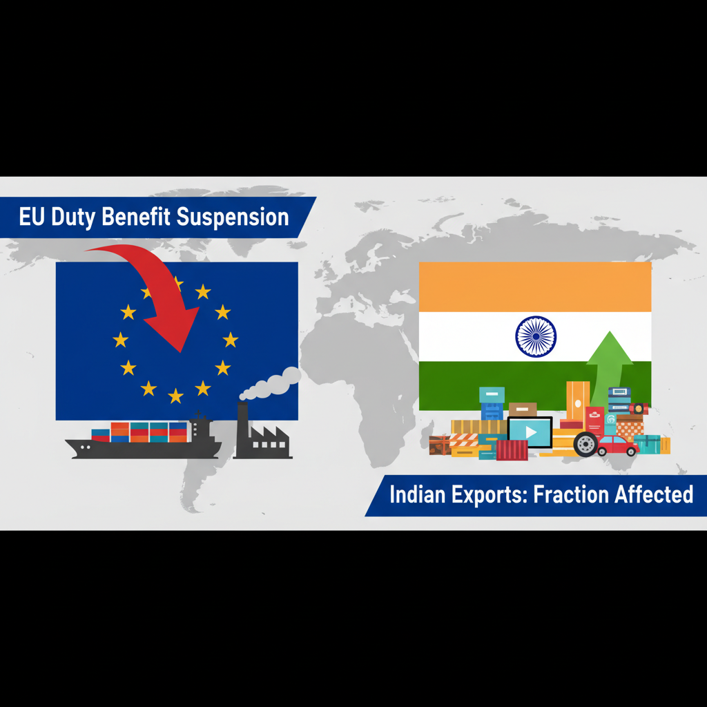 A visual representation of the EU flag with a downward arrow impacting a fraction of Indian exports.