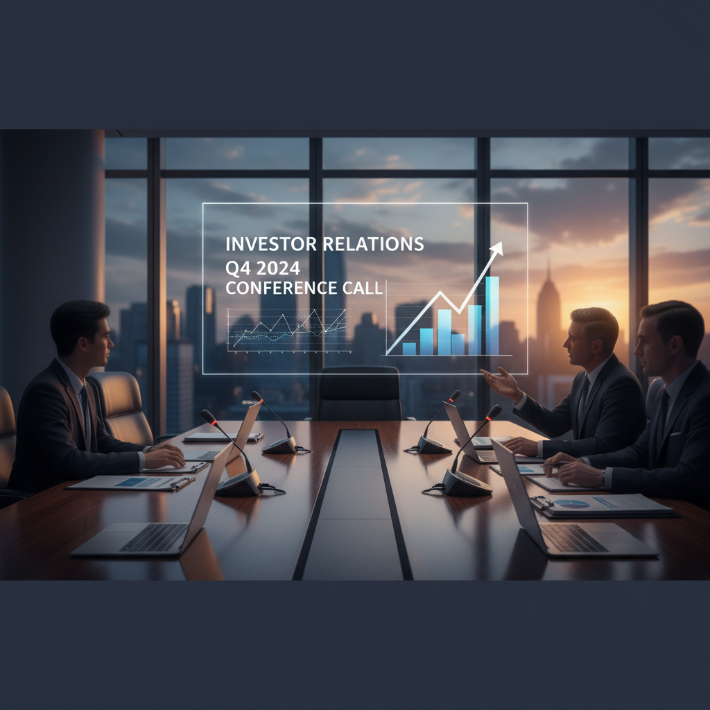 A professional image of business people in a modern boardroom with a city skyline at sunset, with a holographic "INVESTOR RELATIONS" display.