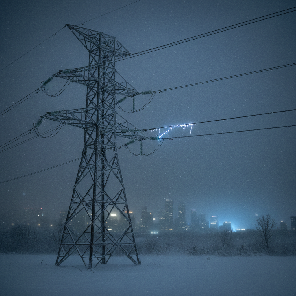 A snow-covered power line with an electric spark, city lights in the background under a dark, snowy sky.