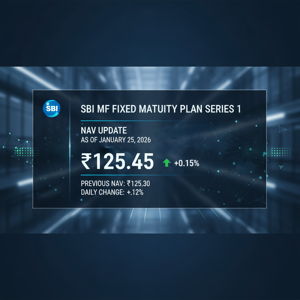 A digital display showing "SBI MF Fixed Maturity Plan Series 1" with an NAV of ₹125.45 and a 0.15% increase.