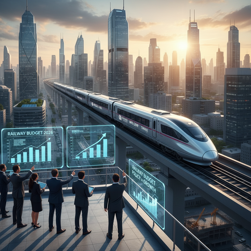 A modern cityscape with a sleek train on an elevated track at sunset, viewed by business professionals analyzing holographic charts.