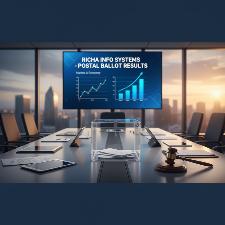 A boardroom with a screen displaying "Richa Info Systems - Postal Ballot Results" and financial charts. A ballot box and gavel are on the table.