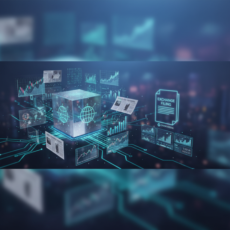 Digital illustration showing financial graphs, news articles, and a document labeled "Exchange Filing."