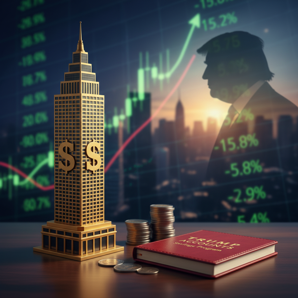 A skyscraper with dollar signs, coins, a book titled "Trump Accounts Savings Program," and Trump's silhouette against a financial chart.