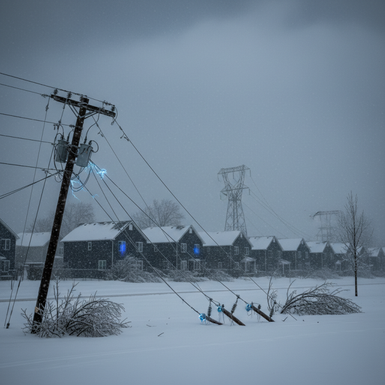 Snow-covered landscape with fallen power lines and dark houses, illustrating a widespread power outage during a winter storm.