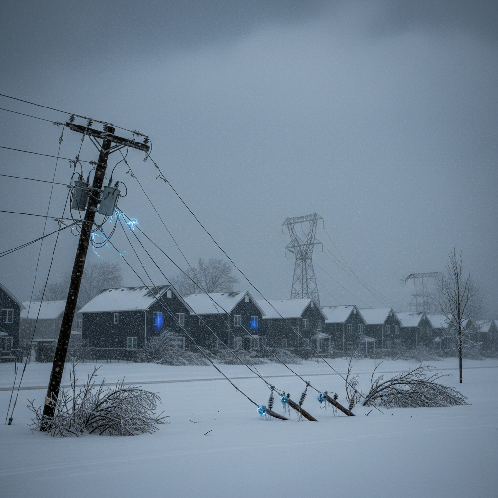 Snow-covered landscape with fallen power lines and dark houses, illustrating a widespread power outage during a winter storm.
