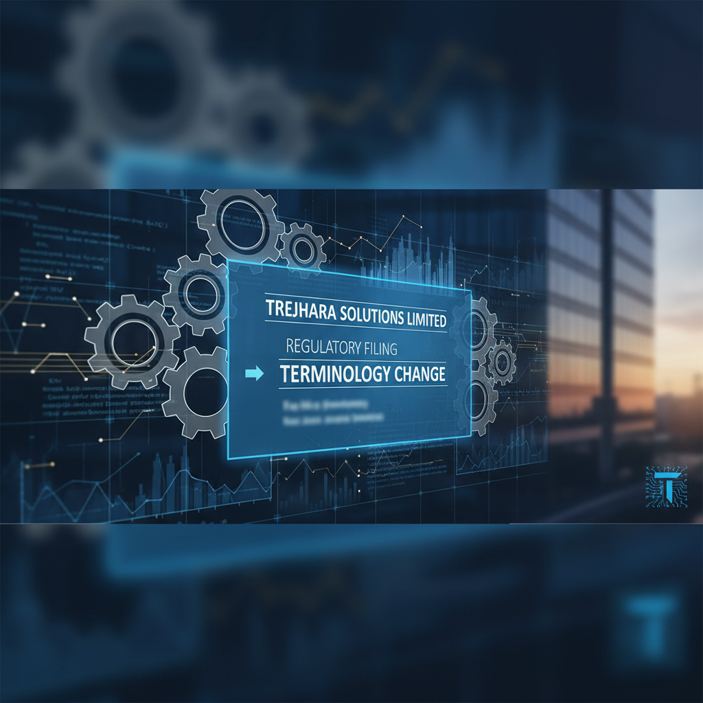 Digital interface showing "Trejhara Solutions Limited Regulatory Filing Terminology Change" with gears and a blurred city background.
