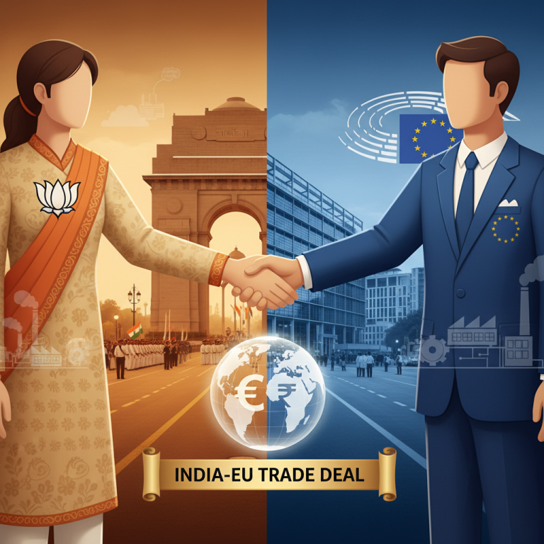 An image showing two figures, one representing India and the other the EU, shaking hands with their respective backgrounds.