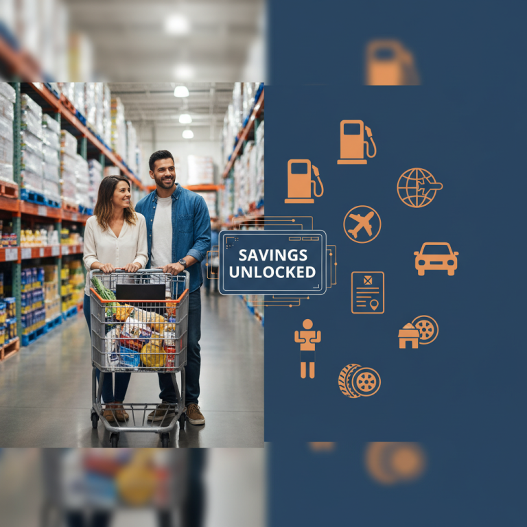 A couple in a Costco aisle, with graphics illustrating various member perks like travel, auto, and insurance savings.