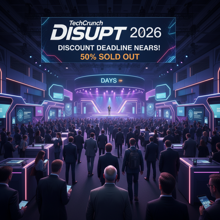A professional tech conference hall with "TechCrunch Disrupt 2026" on a large screen, people attending.