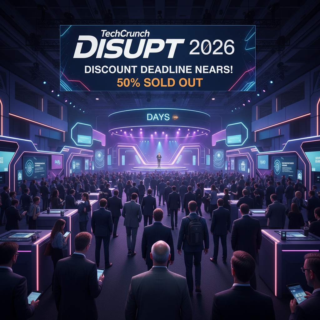 A professional tech conference hall with "TechCrunch Disrupt 2026" on a large screen, people attending.