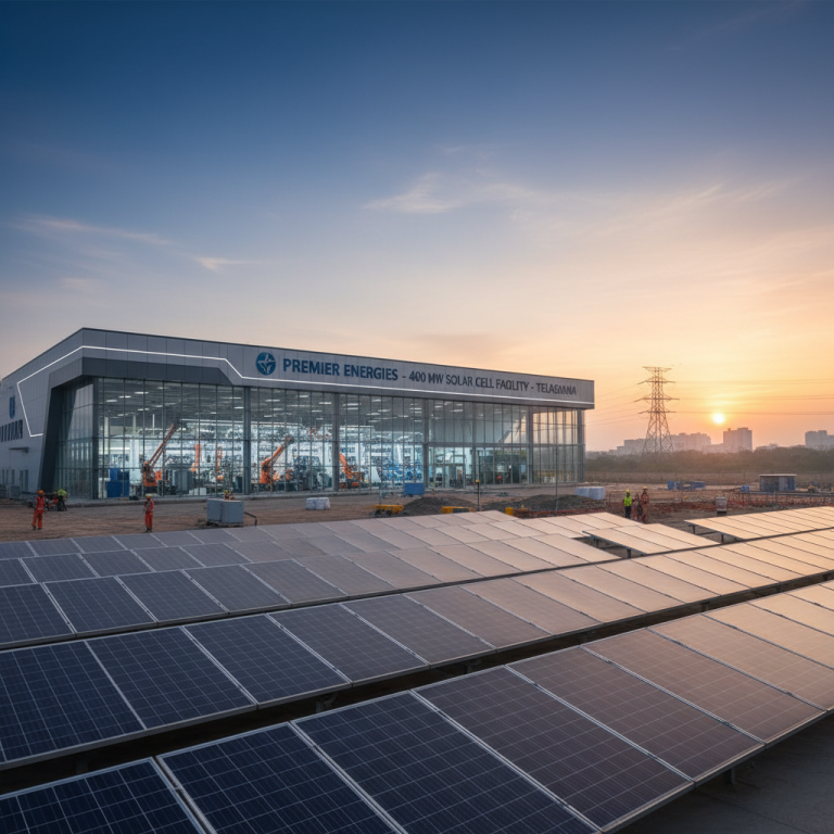 A modern solar cell manufacturing facility with large glass windows and rows of solar panels in the foreground at sunset.