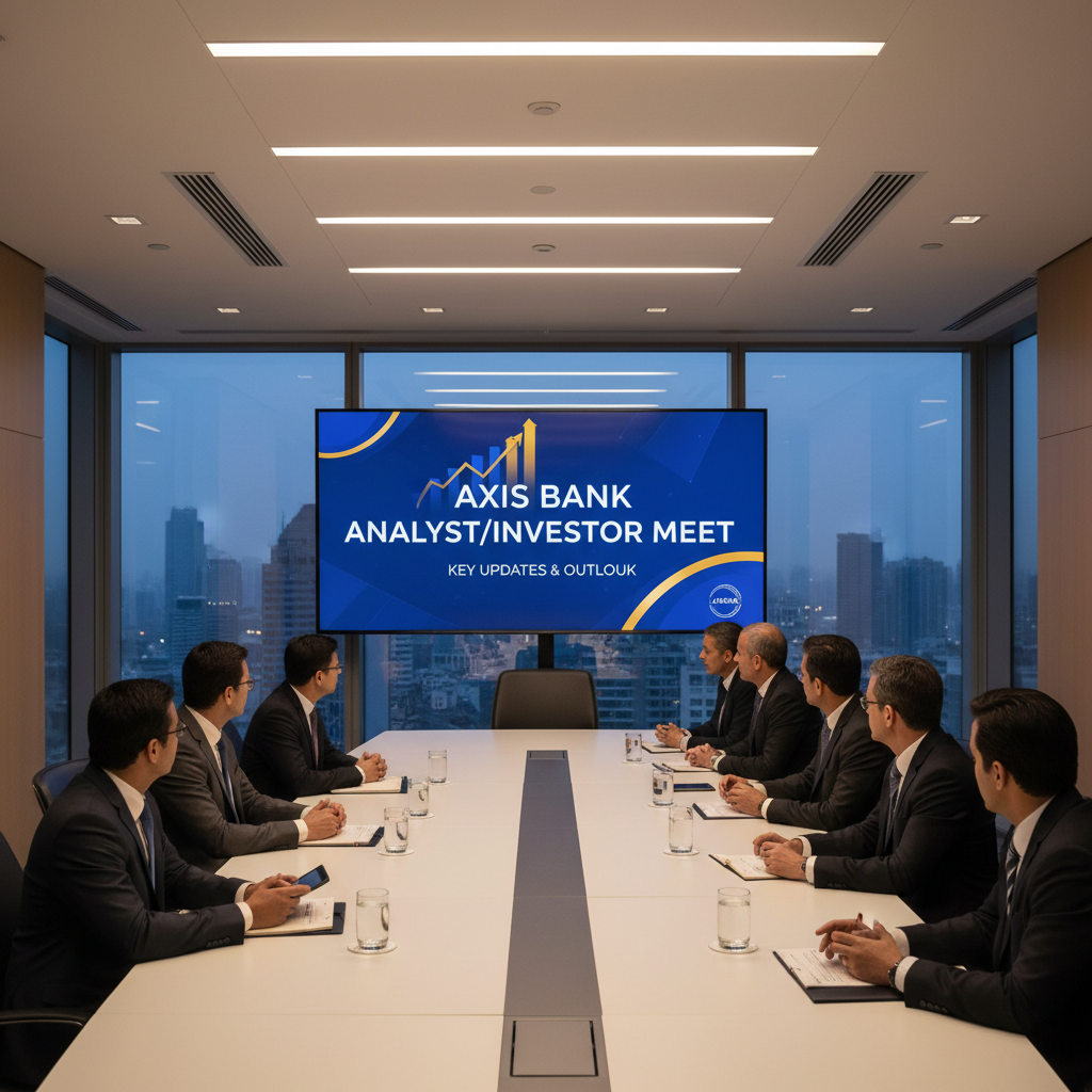 A group of professionals in a boardroom meeting with "Axis Bank Analyst/Investor Meet" on a large screen.