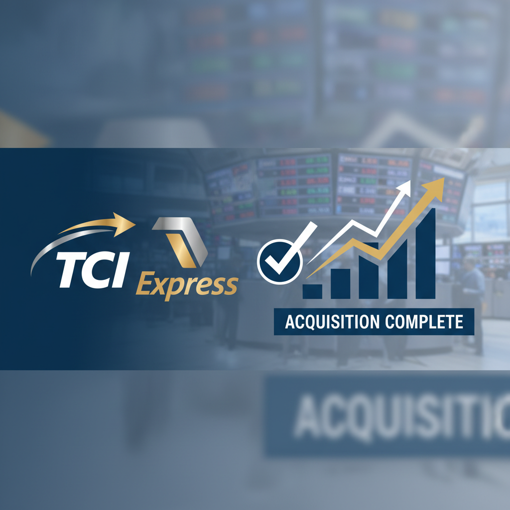 TCI Express logo, growth chart, and checkmark, signaling completed acquisition on a stock exchange background.