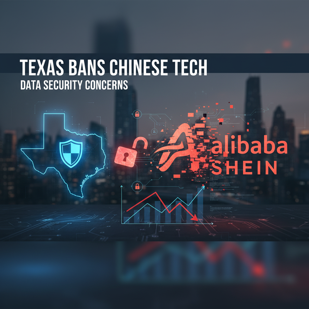A digital illustration showing the state of Texas with a shield, a lock, and the fragmented logos of Alibaba and Shein.