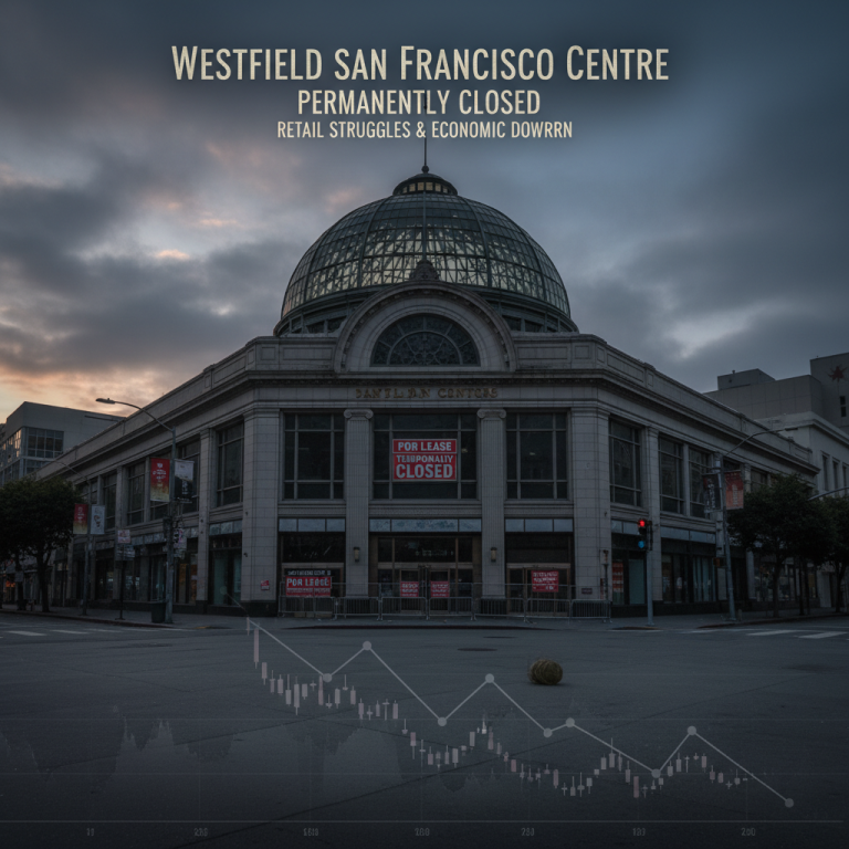 The closed Westfield San Francisco Centre building with "Permanently Closed" signs, an empty street, and a downward trend graph.