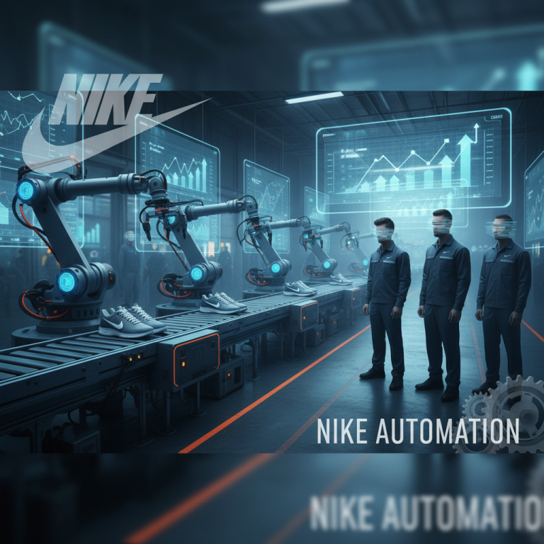 Robotic arms on an assembly line producing Nike shoes, with human workers observing.