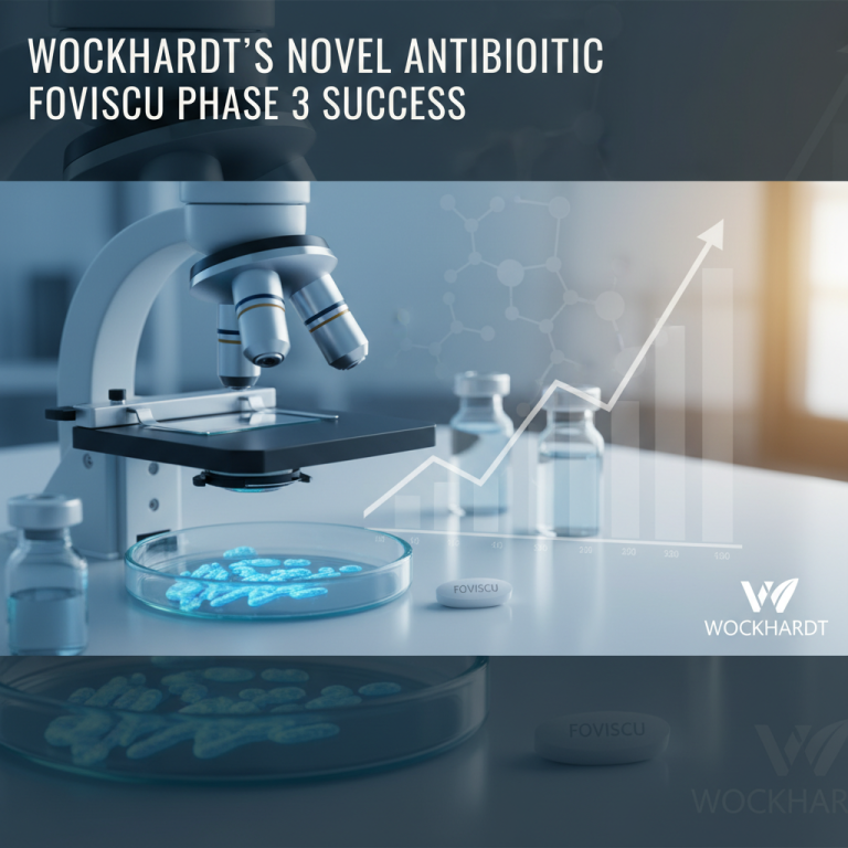 A professional image showing a microscope, petri dish with bacteria, vials, and a growth chart, signifying medical advancement.