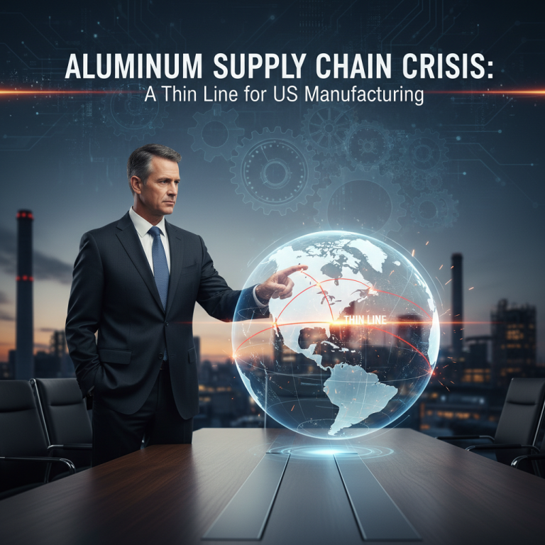 A CEO in a suit interacts with a holographic globe showing critical supply chain routes, with factories in the background.