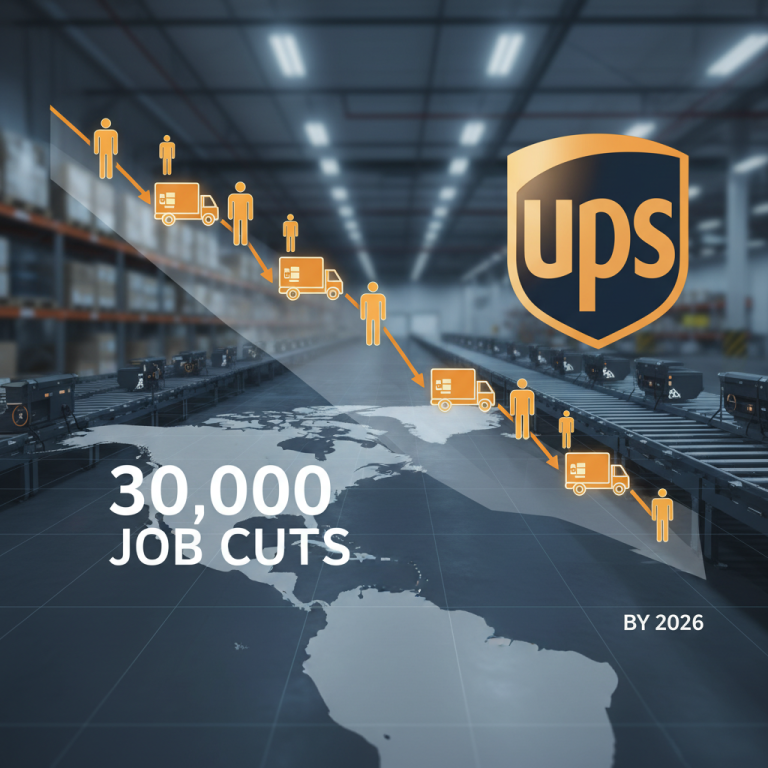 A professional image showing the UPS logo, a downward trend of people and trucks, and "30,000 JOB CUTS BY 2026."