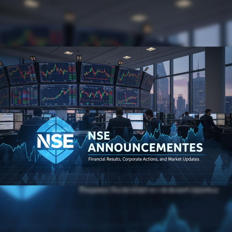 A high-quality featured image with the text "NSE ANNOUNCEMENTS Financial Results, Corporate Actions, and Market Updates".