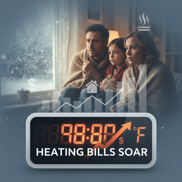 A family shivers in their cold home, overlaid with rising financial graphs and a digital thermometer showing high temperatures.