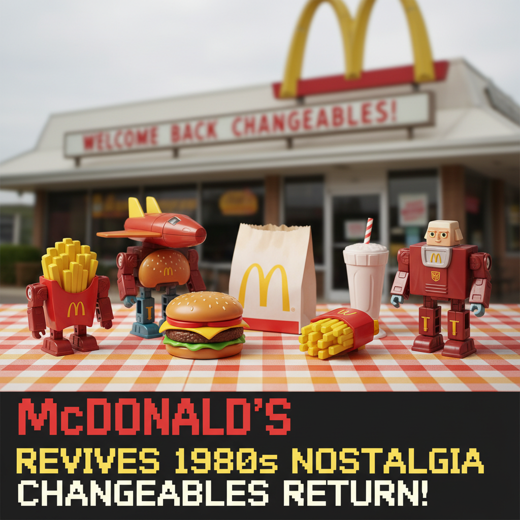A vibrant McDonald's restaurant backdrop with iconic Changeables toys, a burger, fries, and a shake on a checkered table.