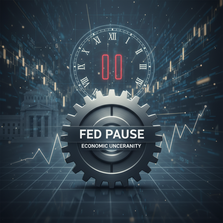 A professional, dark-themed image showing a large gear labeled "FED PAUSE" and "ECONOMIC UNCERTAINTY".