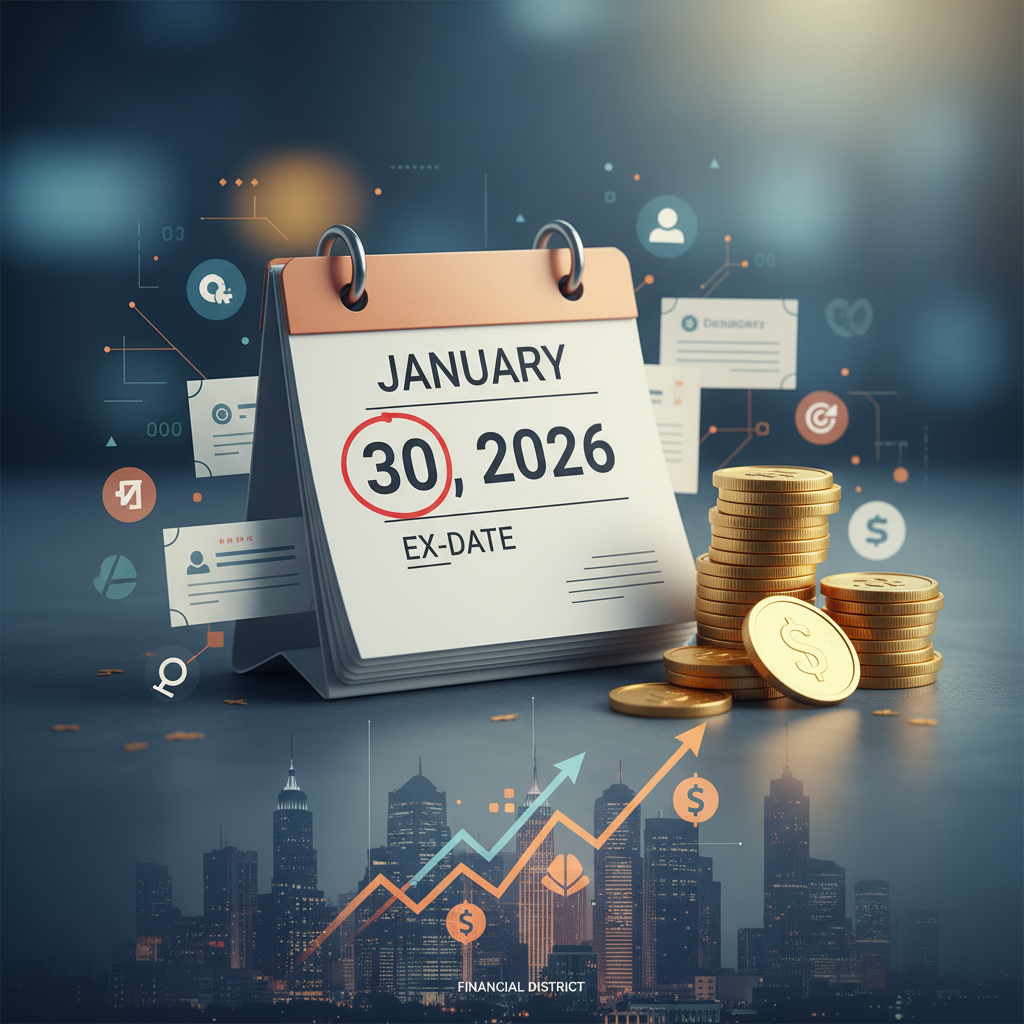A calendar showing "JANUARY 30, 2026 EX-DATE" with stacks of gold coins, an upward trend arrow, and a city skyline.