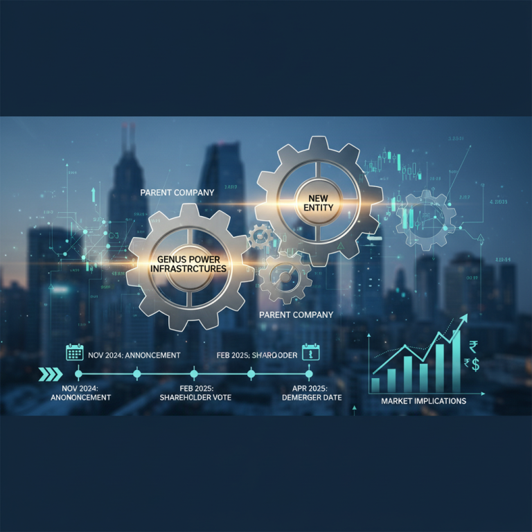 Gears labeled "Genus Power Infrastructures" and "New Entity" symbolize a demerger, with a timeline and market chart.