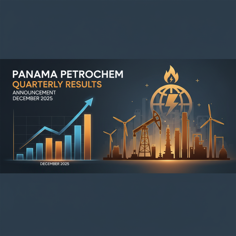 A professional graphic for Panama Petrochem's Q4 2025 quarterly results announcement, featuring financial charts and energy industry icons.