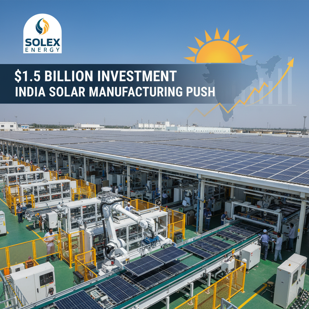 A large solar panel manufacturing facility in India with an overlay graphic depicting a rising sun and an upward-trending arrow.
