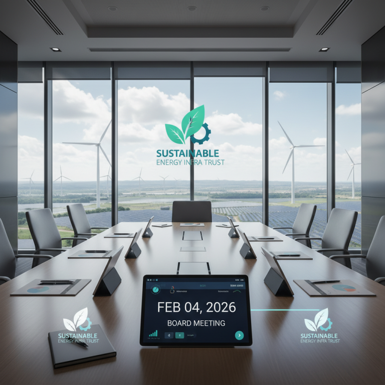 A modern boardroom overlooking a sustainable energy landscape with wind turbines and solar panels.
