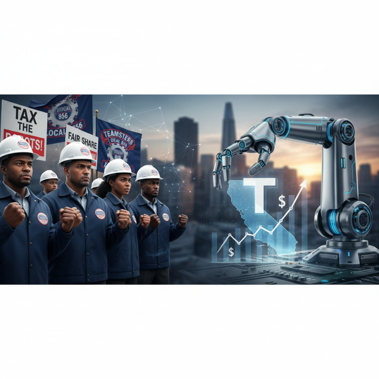 A group of resolute Teamsters with flags and signs, facing a robotic arm over a California map with economic graphs.