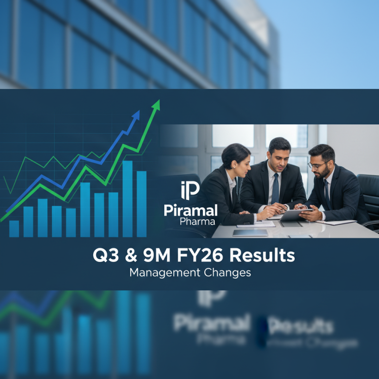 A professional image showing a bar graph with an upward trend, the Piramal Pharma logo, and three business professionals in discussion.