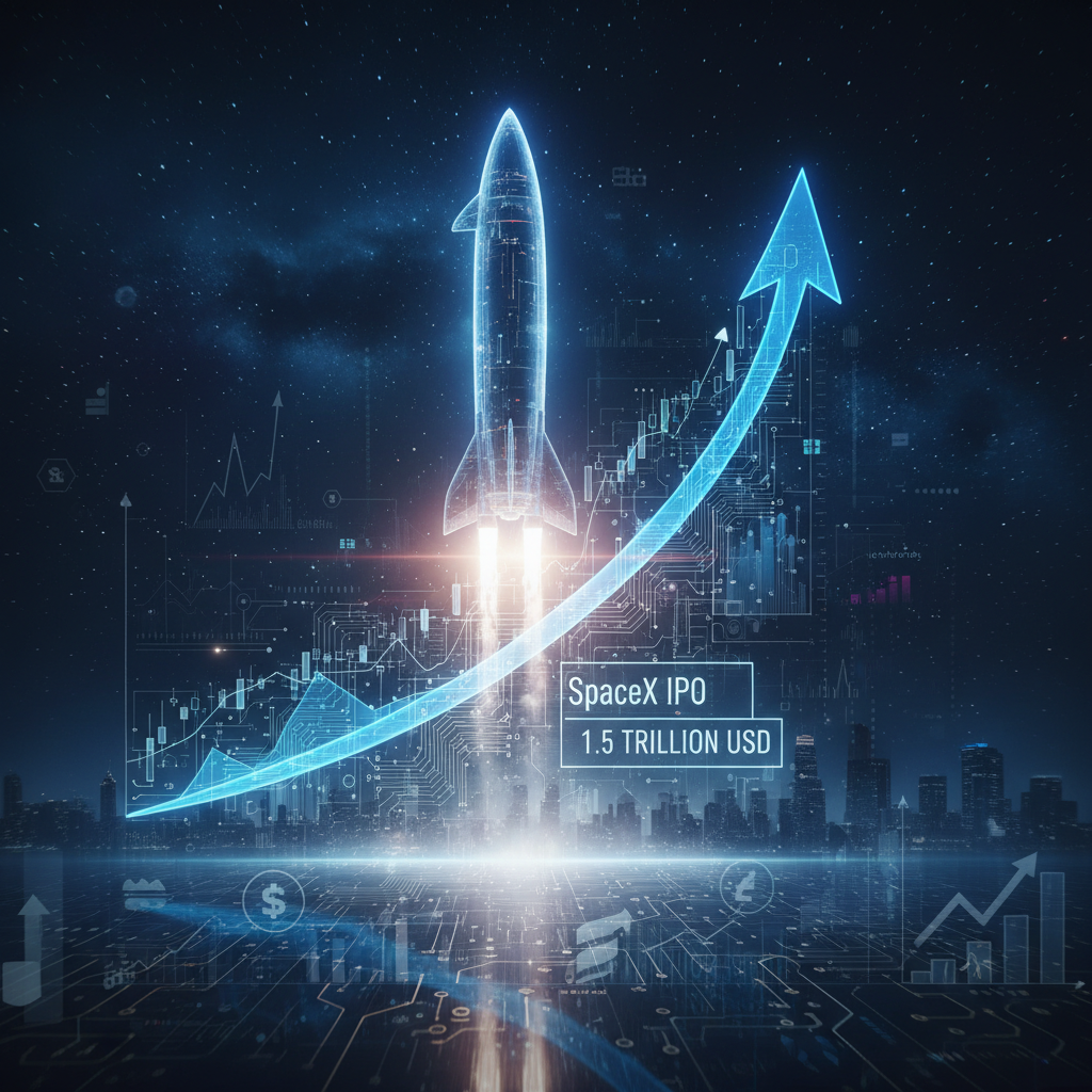 A digital illustration of a SpaceX rocket launching with an upward-trending stock market graph overlaid.