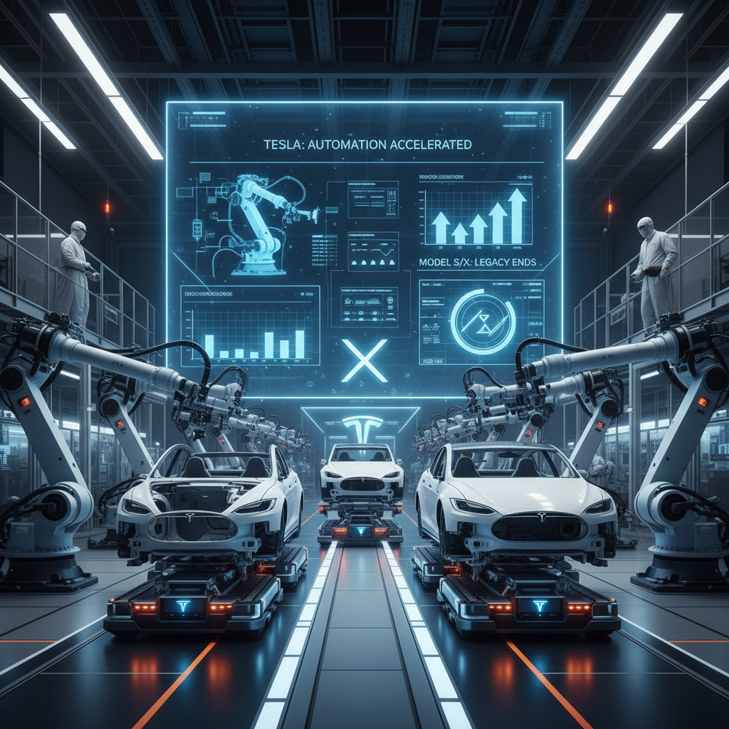 A high-tech Tesla factory with robotic arms working on Model S and X vehicles on an assembly line, with a large data screen.