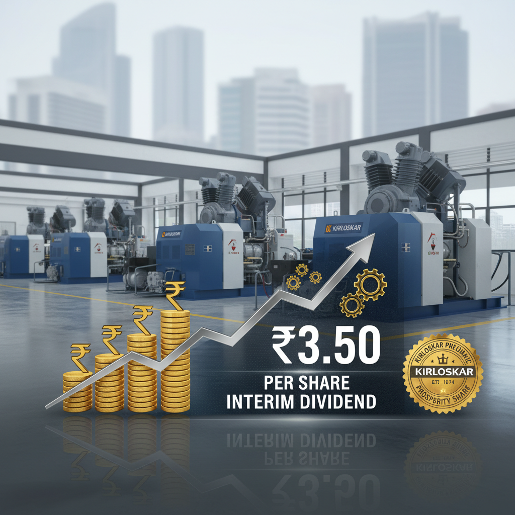 A professional image representing Kirloskar Pneumatic's interim dividend of ₹3.50 per share, with industrial machinery.