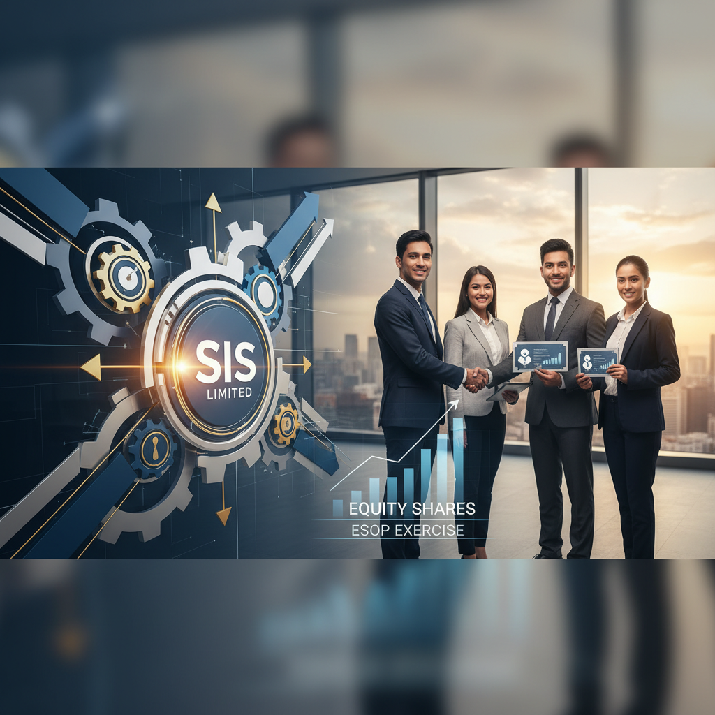 Business professionals in a modern office, one shaking hands, with a prominent "SIS Limited" logo and financial graphics.