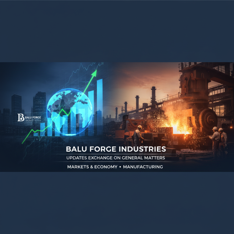 A dynamic image representing global markets and manufacturing, with a forge on one side and a city skyline with growth charts on the other.