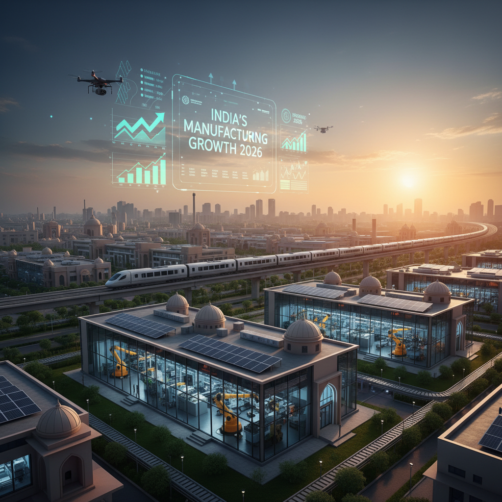 An aerial view of modern factories in India with solar panels, a train, drones, and a futuristic holographic display.