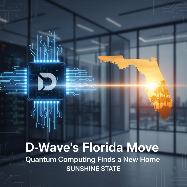 A professional image showing the D-Wave logo integrated into a circuit board, with the silhouette of Florida