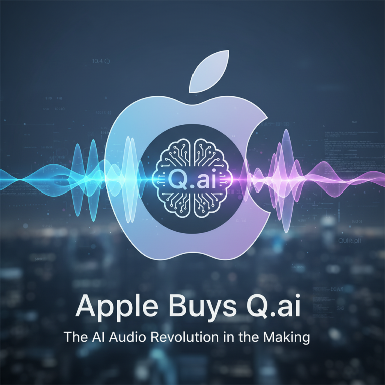 A professional visual representing Apple's acquisition of Q.ai, featuring the Apple logo integrated with AI and audio wave elements.