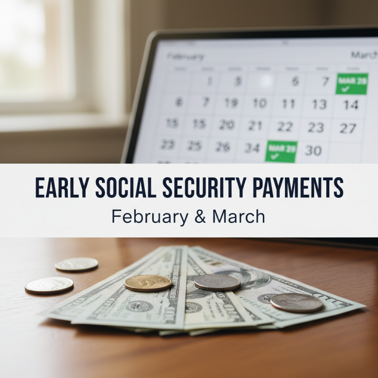Calendar showing marked dates in February & March, with cash & coins symbolizing early Social Security payments.