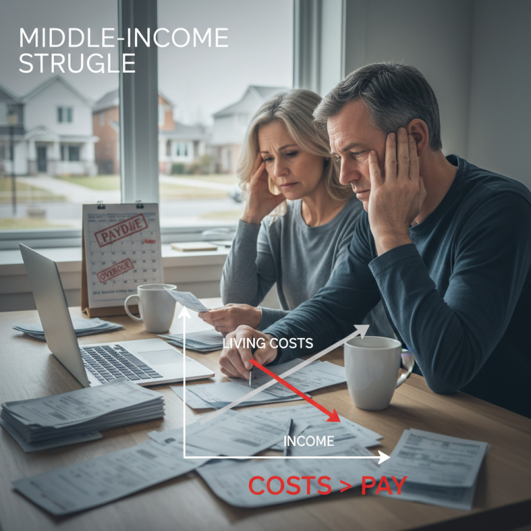 A distressed middle-income couple reviewing bills, with an overlaid graph showing rising living costs and stagnant income.